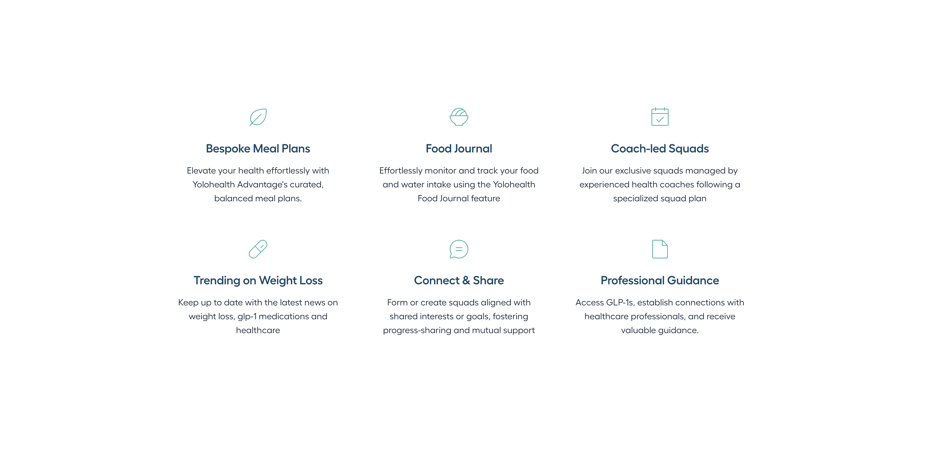 Key features of the Yolo Health platform including meal plans, food tracking, and coach-led squads